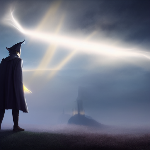 A spellbinding flash of light surrounds the wizard, before he materializes in front of Cole. The wizard points to the horizon, where thick smoke covers the sky, and the silhouette of a colossal dragon can be seen.